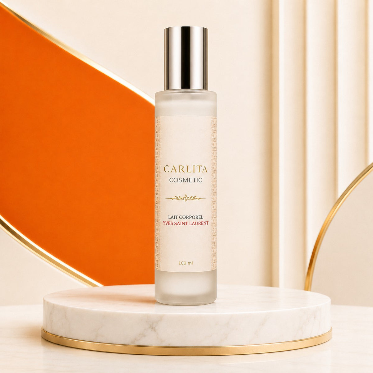 Carlita cosmetic maroc Yves Saint Laurent body lotion in a 100ml frosted glass bottle on a marble pedestal.