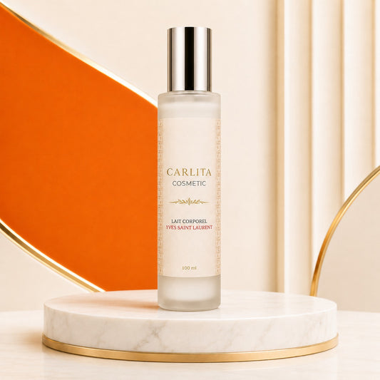 Carlita cosmetic maroc Yves Saint Laurent body lotion in a 100ml frosted glass bottle on a marble pedestal.